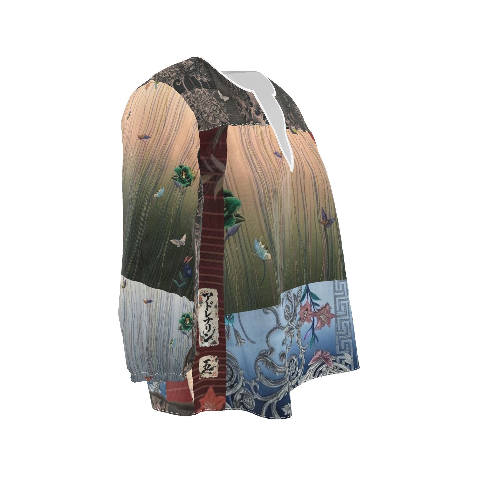 嵐 Adrenaline kanji design blouse, side view — blush kanji series