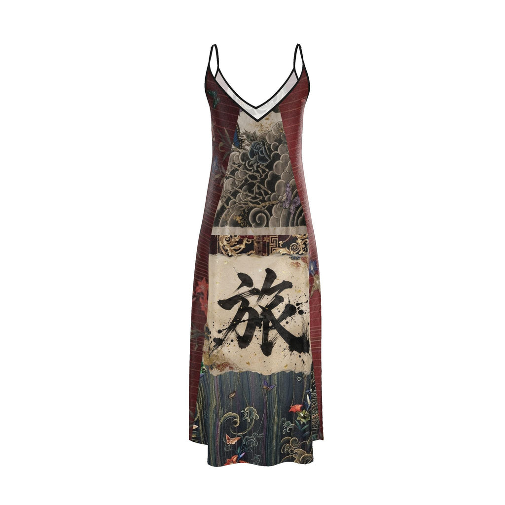 旅 Kinetic kanji design slip dress maxi — blush kanji series, back view