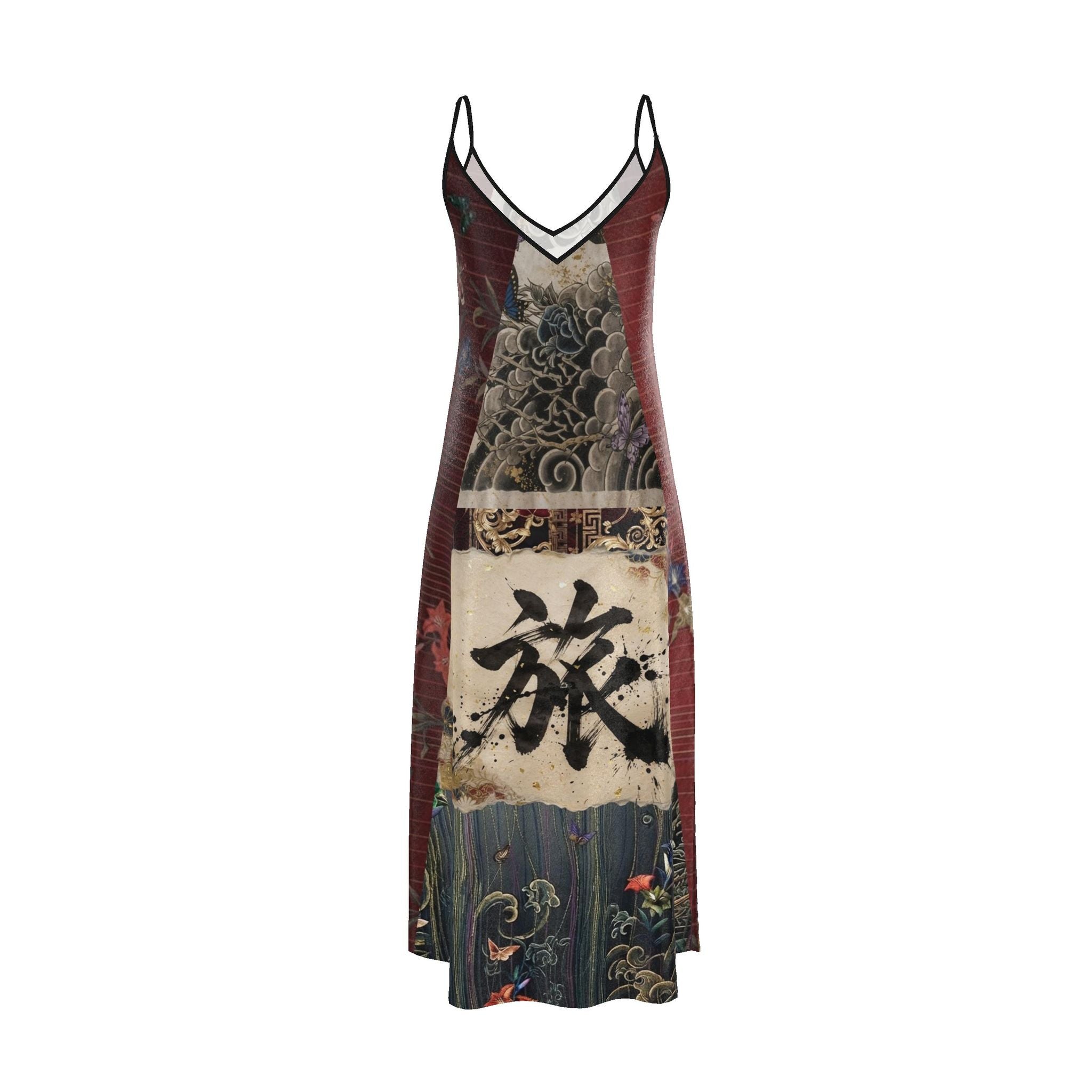 旅 Kinetic kanji design slip dress maxi — blush kanji series, back view