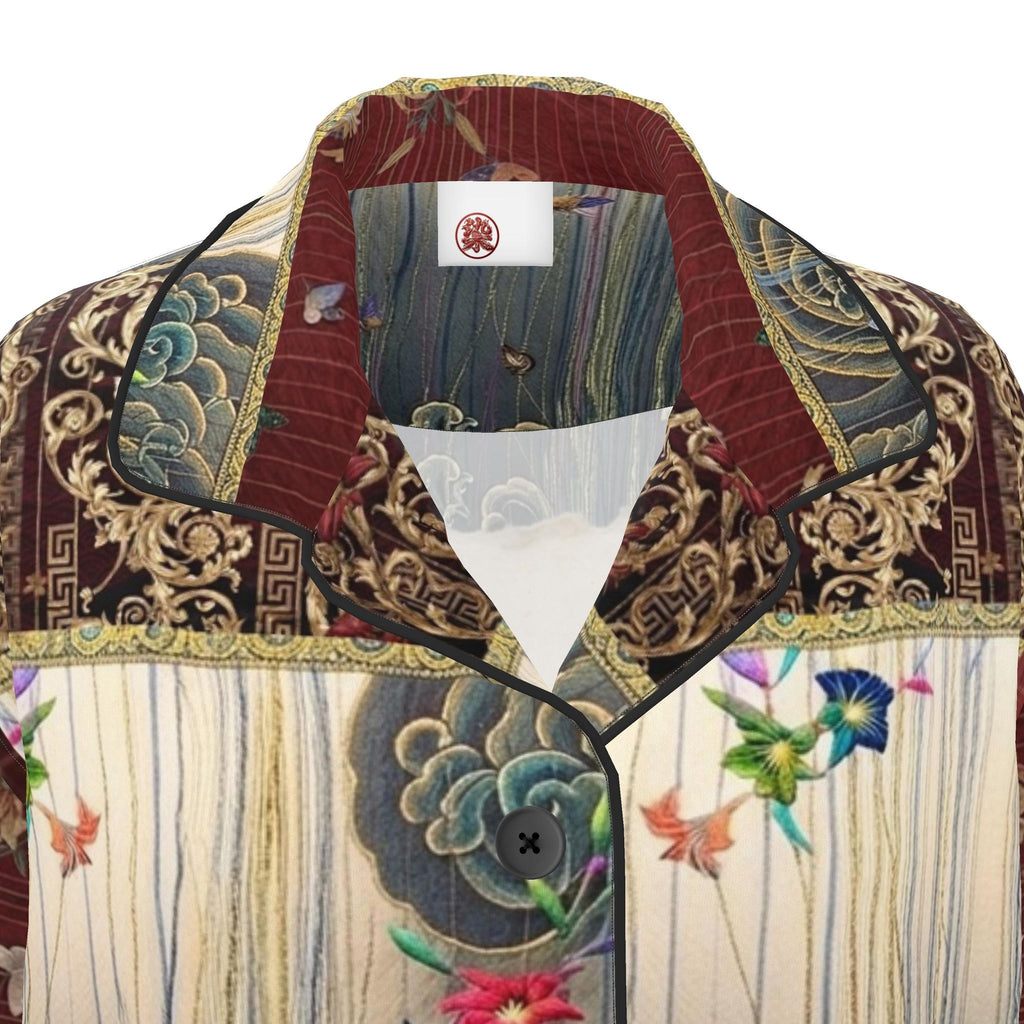 旅 Kinetic kanji design womens luxury pyjama shirt — blush kanji series, collar detail