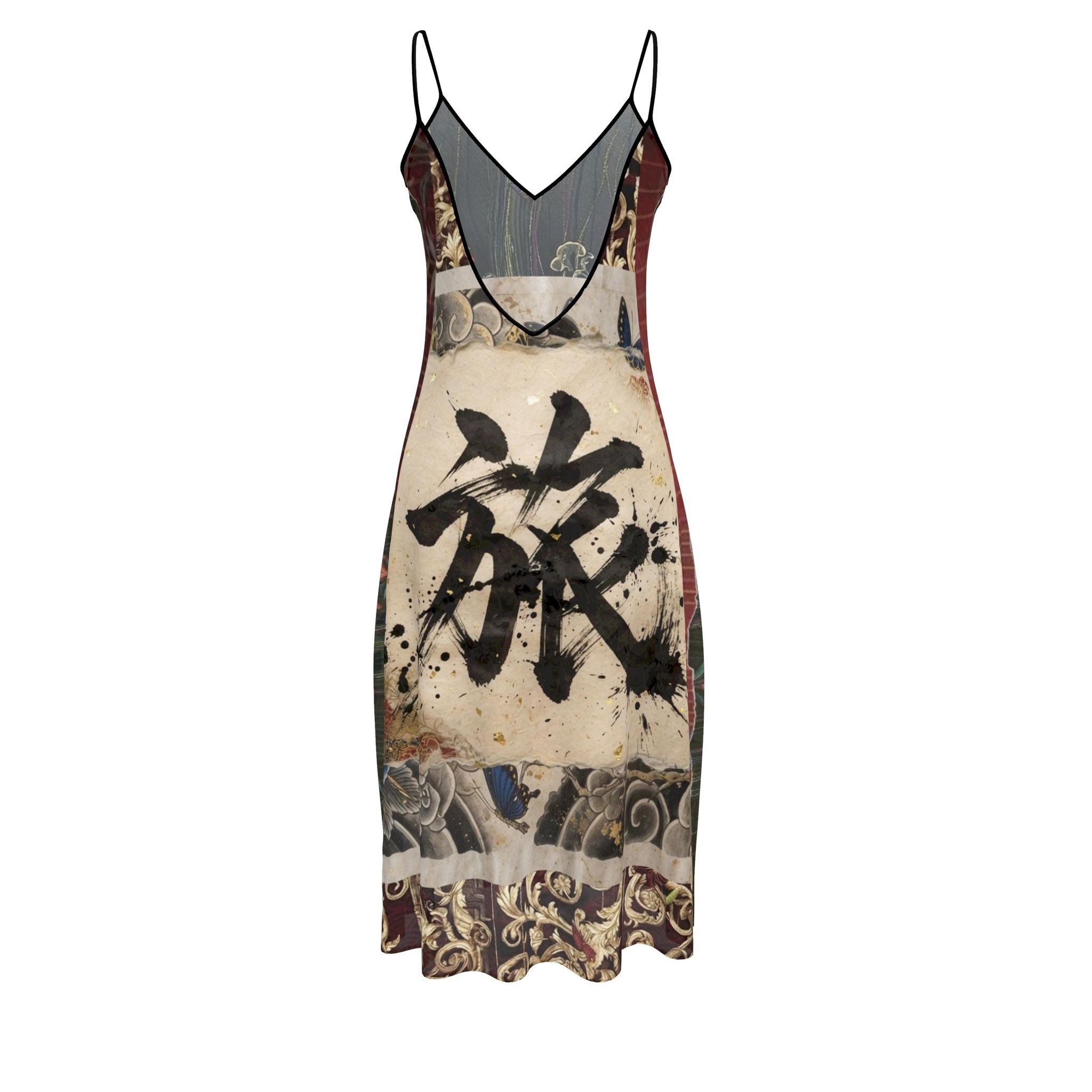 旅 Kinetic kanji design sleeveless midi dress — blush kanji series, detail