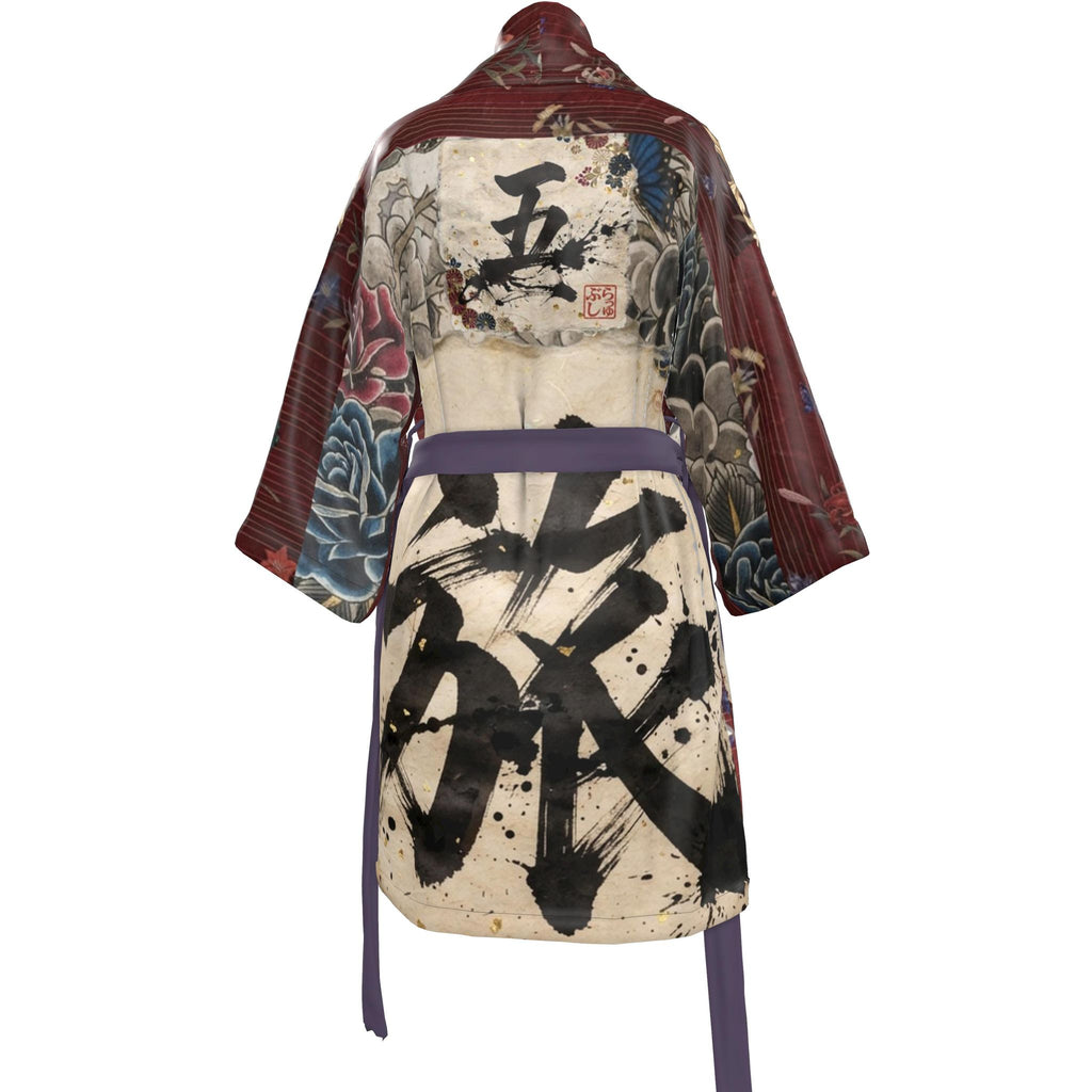 旅 Kinetic kanji design kimono — blush kanji series, back view