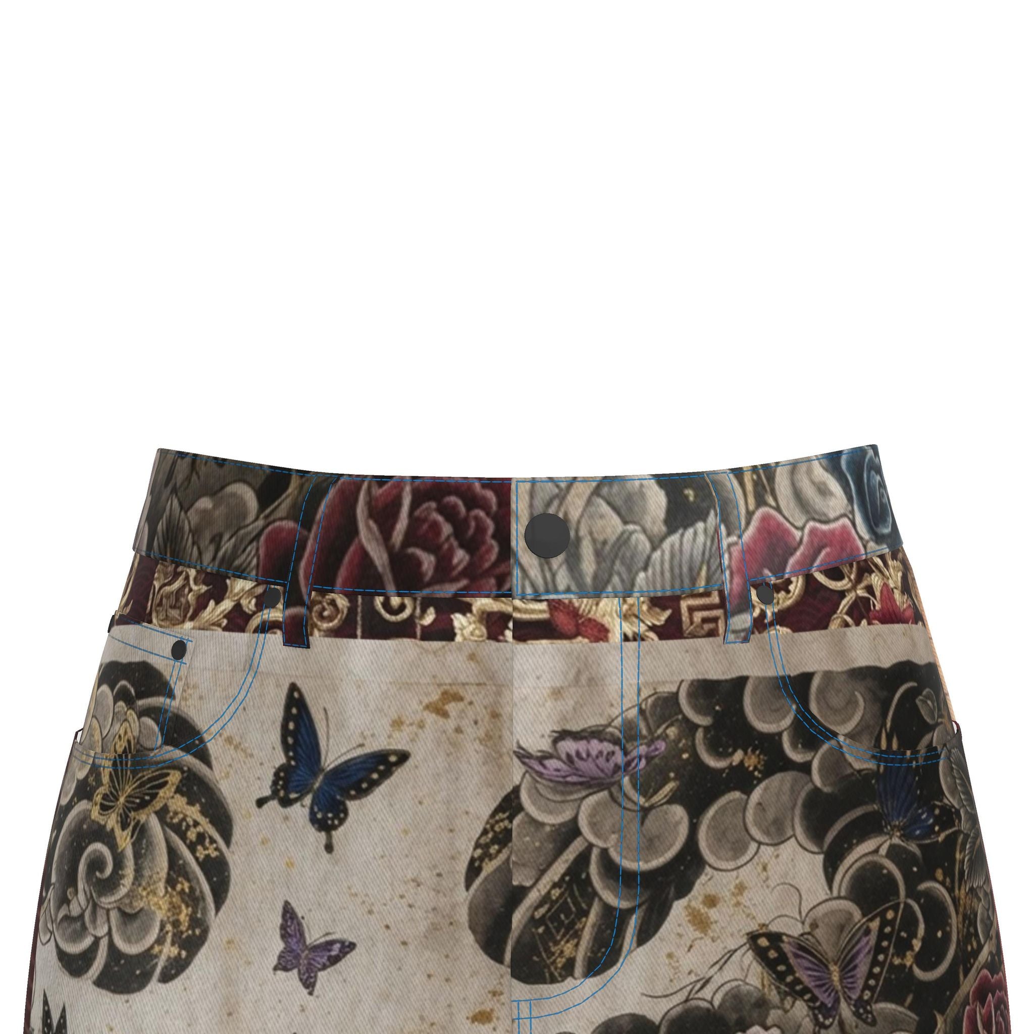 愛 Oxytocin kanji design denim midi skirt — blush kanji series, back view